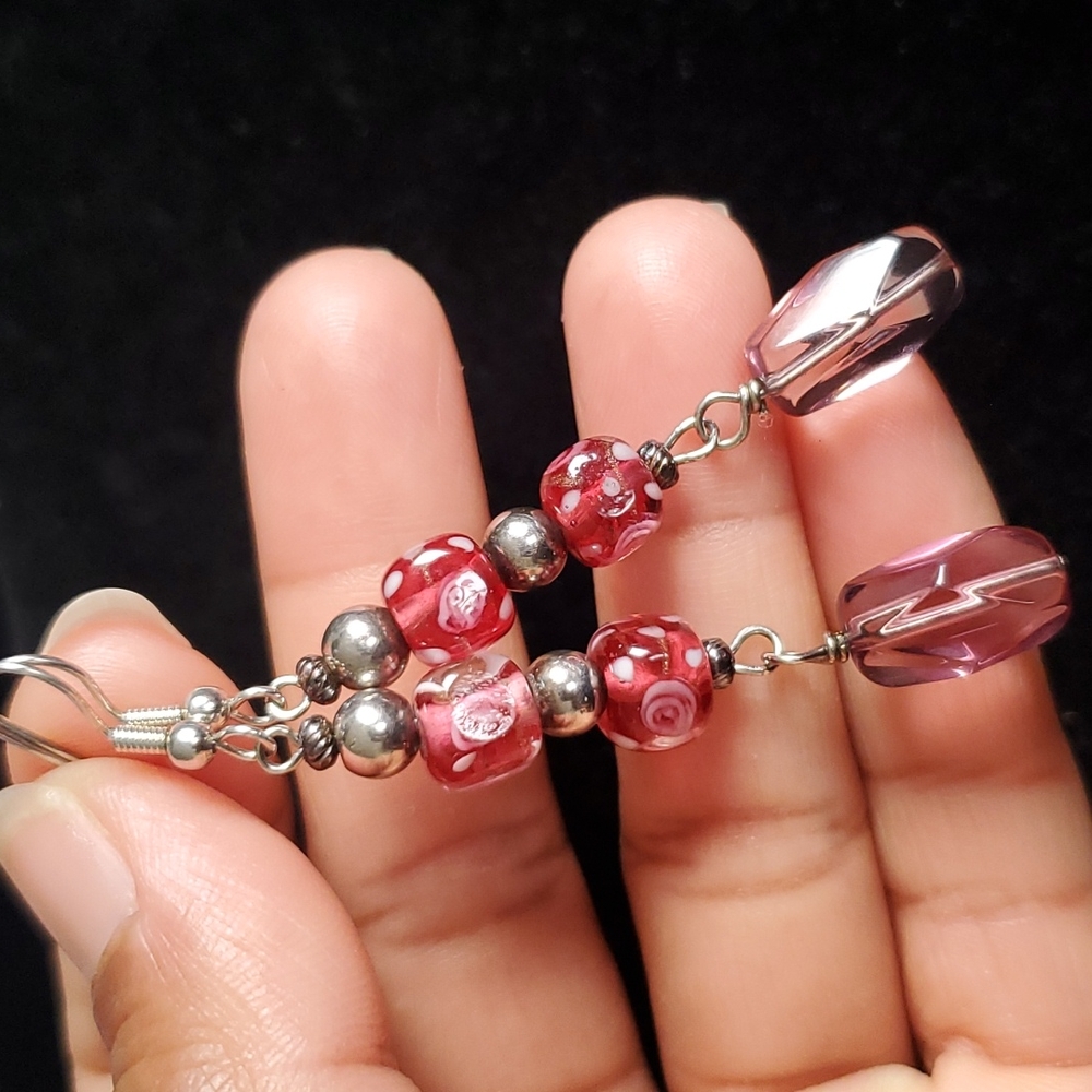 One-of-a-kind, pink glass earrings.